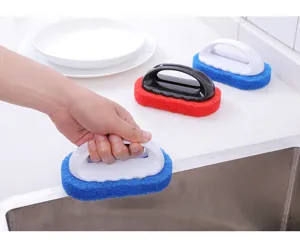 Detail shot of handle cleaning sponge for kitchen sink and tile scrubbing with ergonomic grip.