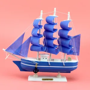 Holzsegelboot Modell mediterraner Stil blau weiss Tischdekoration Heimdekoration Display