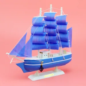 Holz Segelschiff Modell blaue Stoffsegel maritime Dekoration Tisch Desktop Deko Artikel