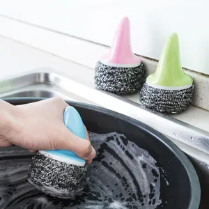 Lange Handvat Staalwol Bal Reinigingsborstel Keuken Pot Wasborstel Kunststof Handvat Afwasgereedschap