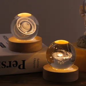 Galaxy crystal ball night light LED wooden base home decor luminous glass sphere ornament