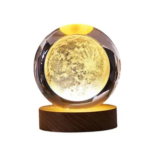 Crystal ball night light with wooden base glowing galaxy sphere for bedroom decor desktop lamp