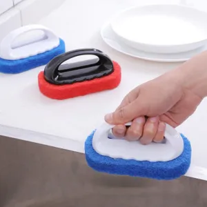 Plastic handle cleaning sponge brush for kitchen sink tile and bathroom scrubbing main view.