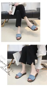Women flat sandals casual beach shoes ruffle denim blue summer slide footwear comfortable 2025