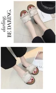 Women's flat sandals summer casual ruffled beach slippers comfortable open toe footwear
