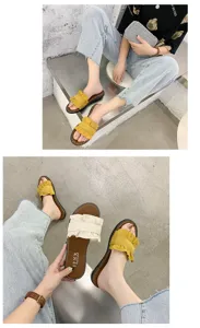 Comfortable women flat slide sandals with ruffle detail, perfect for casual summer beach wear.