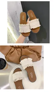 Women flat sandals ruffle slides casual beach shoes comfy summer slip-on footwear.