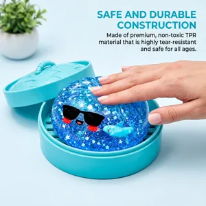 Blue star glitter shark squishy toy in steamer basket, soft and durable TPR stress relief item.
