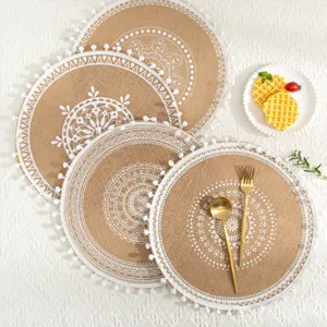 Nordic round jute placemat handmade woven cotton linen table mat with boho lace and pom pom