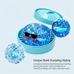 Blue glitter shark squishy toy with sunglasses in steamer basket, cute stress relief toy.