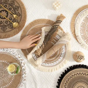 Handmade round jute placemat Nordic boho retro cotton linen table mat for dining room decor