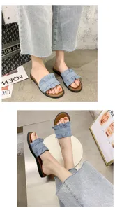 Women denim flat sandals with cute ruffle details, casual summer beach slip-on shoes.