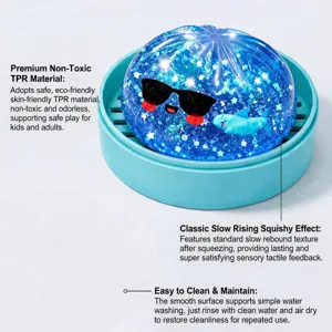 Cute blue glitter shark squishy toy with sunglasses, slow rising sensory stress relief toy.