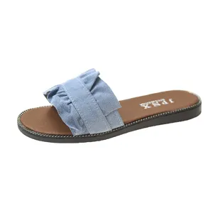 Women Summer Flat Sandals Ruffled Slip-On Casual Beach Open Toe Slippers Light Blue Shoes