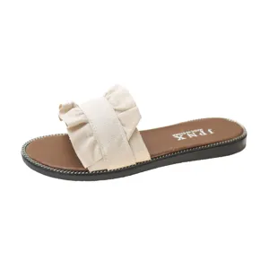 Women flat slide sandals with chic ruffle strap casual beach summer footwear comfy shoe