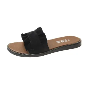 Women flat slide sandals black ruffled suede slip on shoes casual beach summer footwear