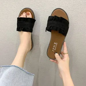 Women casual flat sandals with black ruffled strap and brown insole for summer beach wear.