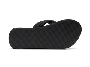 Vue détaillée de la semelle des tongs compensées noires, montrant texture et confort.
