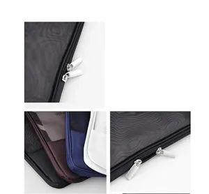 Detail view of translucent mesh document bag, showing durable zipper and clear stationery storage.