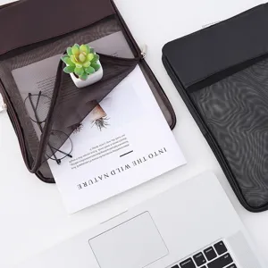 Translucent mesh zipper document bag, waterproof stationery storage pouch for office and school.
