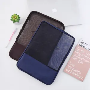 Translucent mesh zipper document bag, large capacity student exam stationery storage bag.