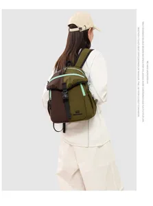 Detailed view of the stylish colorblock canvas backpack featuring secure buckle and straps.