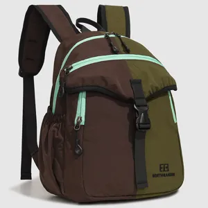 Two-tone casual backpack with durable straps, mint zipper details and front buckle closure.