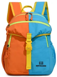 Colorful kids backpack with orange and blue split design, lightweight hiking daypack for school.