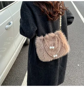 Stylish women faux fur shoulder bag with pearl strap fluffy winter handbag crossbody