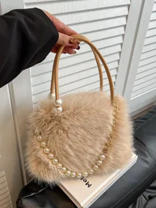 Women Plush Crossbody Bag Faux Fur Shoulder Handbag Pearl Chain Casual Winter Warm Chic Fashion Fluffy Messenger Bag
