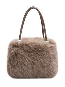 Chic brown plush handbag for women, fluffy winter shoulder bag with stylish leather handles.