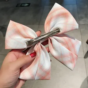 Pince à cheveux nœud papillon à carreaux rose et blanc, barrette en tissu mignonne pour femmes.