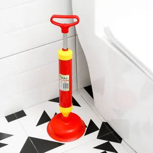 High pressure toilet plunger pump style powerful bathroom dredge tool with red yellow design.