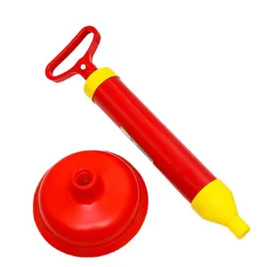 Manual air drain blaster and toilet plunger set in red and yellow for home bathroom use.