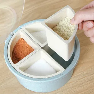 Round 4-compartment seasoning box kitchen condiment storage container with removable inner grids.
