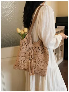 Bolso de hombro de algodon tejido grande bolso de playa hueco casual para mujer.