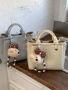 Women Fashion Retro PU Leather Bucket Bag Casual Daily Handbag Chic Shoulder Bag With Cute Bear Pendant Trendy Tote
