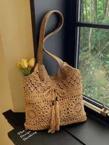 Mujer Bolso Tote Tejido Malla Calada Vacaciones en la Playa Bolso de Hombro Gran Capacidad Bolso Casual