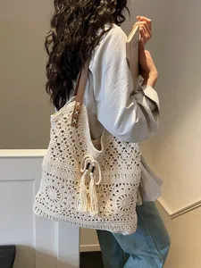 Bolso de hombro de algodón para mujer, bolso de playa calado grande para vacaciones.