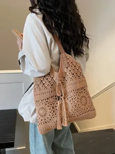 Bolso de hombro grande de ganchillo para mujer, bolso tote de playa calado hueco.