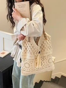 Bolso tote de ganchillo de algodón beige, bolso de hombro calado de malla para playa y verano.
