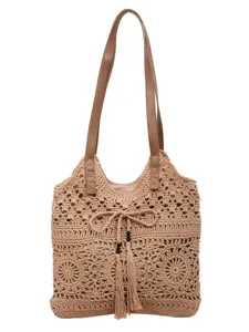 Elegante bolso tote grande de crochet para mujer, bolso de hombro playero calado.