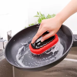 Ergonomic handle sponge cleaning brush for kitchen pots, stoves, and household tile care.