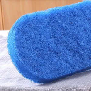Blue coarse scouring pad cleaning sponge for kitchen and bathroom household daily cleaning tasks.