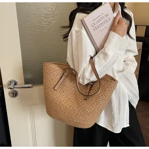 Modische Strohgewebe Handtasche für Damen, große Schultertasche für Strand und Sommer.