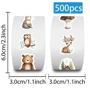 Detail view of 500pcs woodland animal stickers roll featuring cute deer and bear designs.