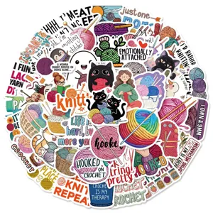 Crochet knitting yarn stickers set featuring cute wool balls, cats, and creative craft quotes.