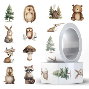 Cute forest animal stickers roll, watercolor woodland creatures DIY decorative tape.