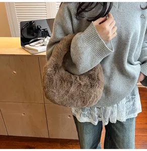 Brown fluffy plush handbag for women, soft faux fur top handle tote bag for daily chic style.