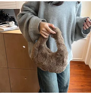 Fluffy faux fur hobo handbag for women, autumn winter soft plush shoulder crescent bag.